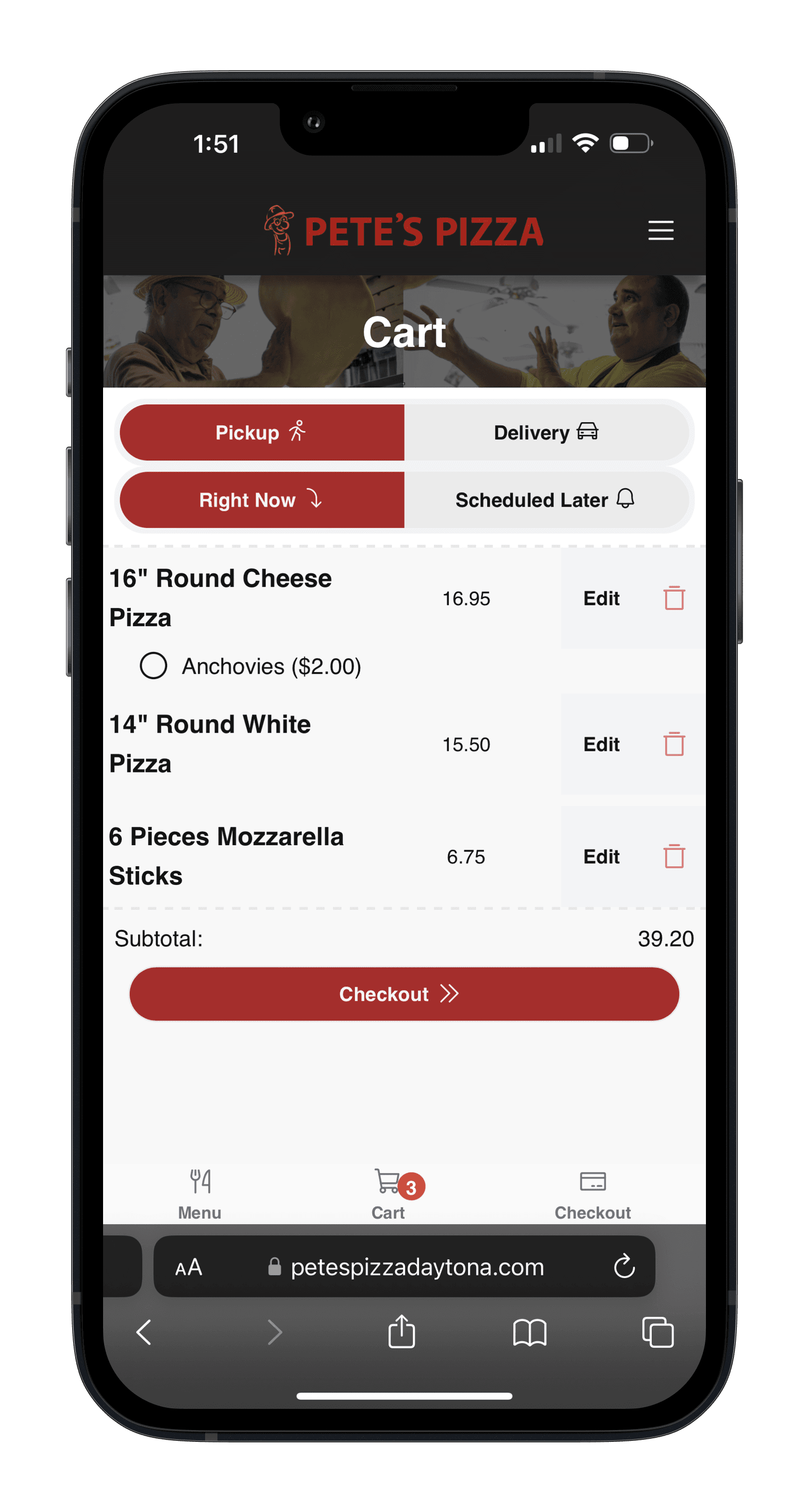 Pizzamico Cart screen