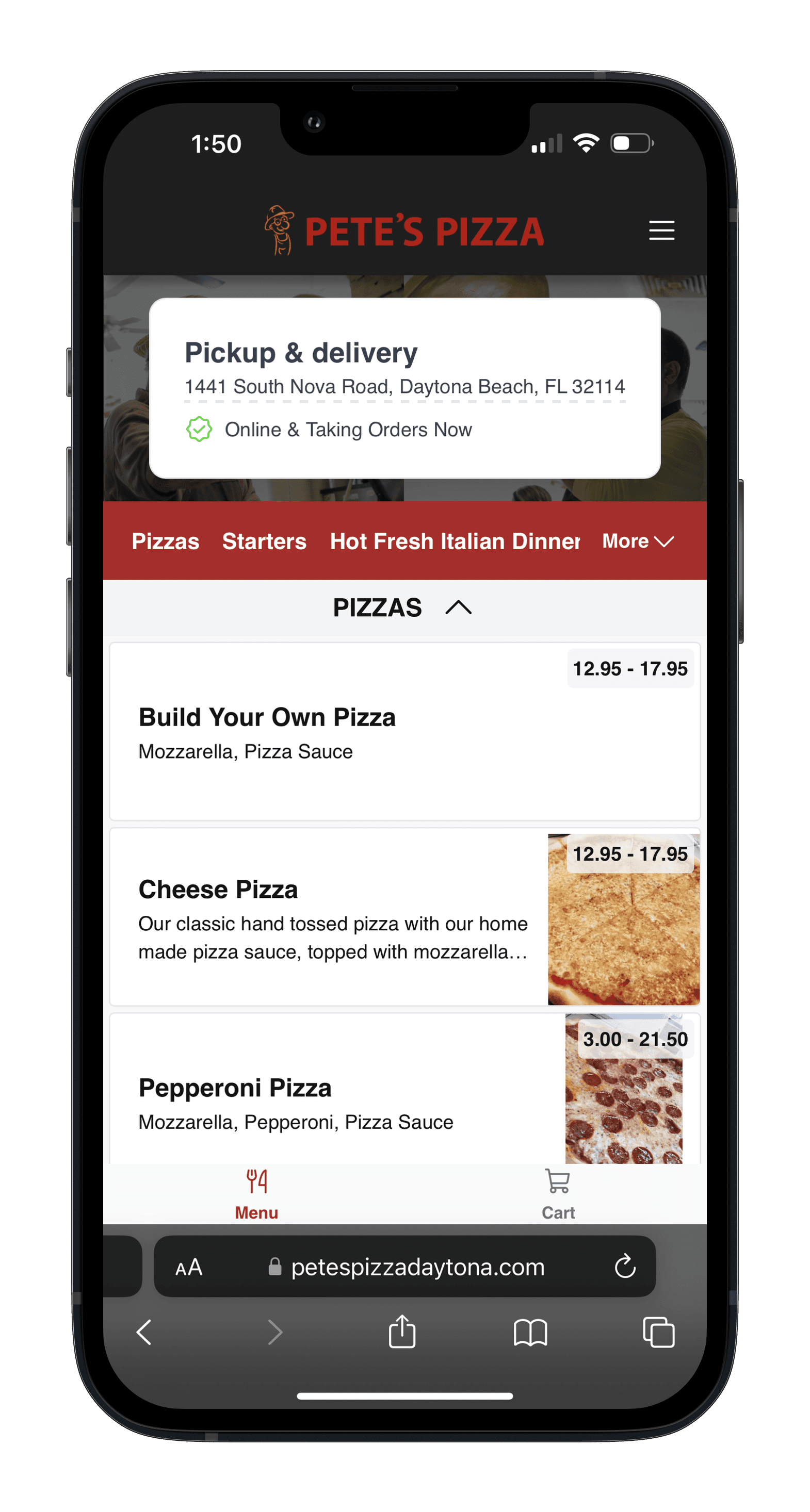 Pizzamico ordering app menu screen